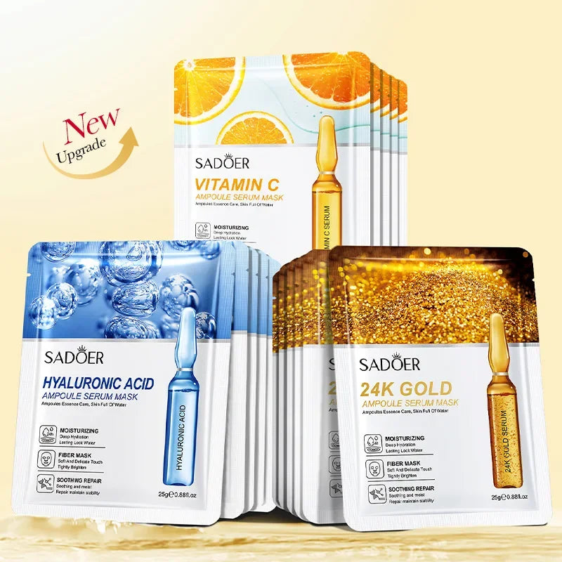 15pcs SADOER 24K Gold Vitamin C Hyaluronic Acid Facial Masks for Face Moisturizing Firming Hydrating Face Mask Facial Skin Care